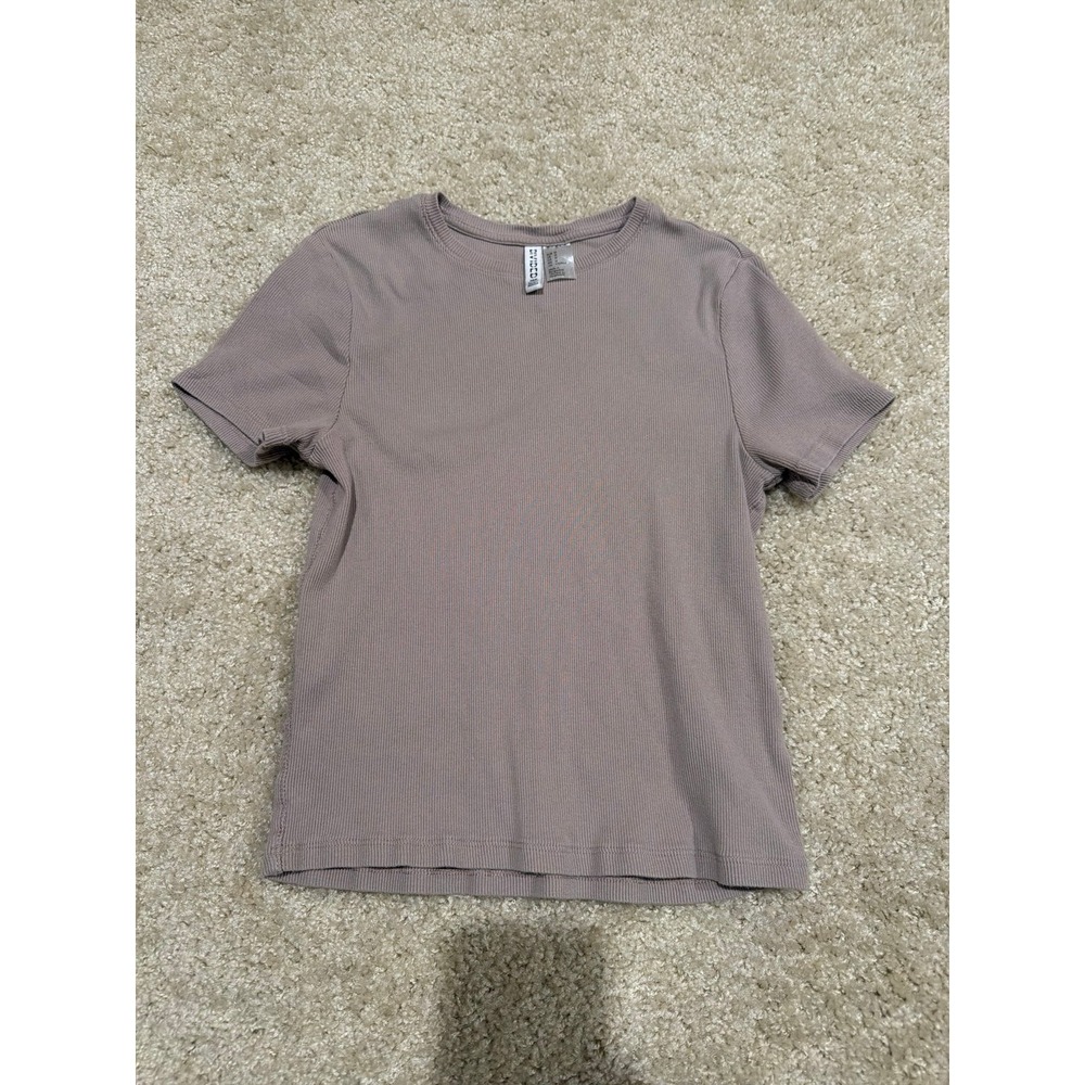 HM Divided Fitted Short Sleeve Tan Ribbed Top Womens Size M